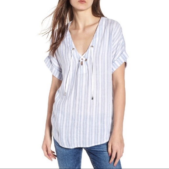 Like new Rails Jeri Linen Blend Blue & White Stripe Top - Picture 2 of 15